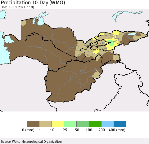 Central Asia Precipitation 10-Day (WMO) Thematic Map For 12/1/2023 - 12/10/2023