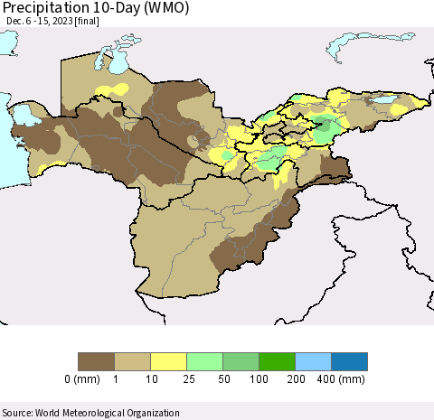 Central Asia Precipitation 10-Day (WMO) Thematic Map For 12/6/2023 - 12/15/2023