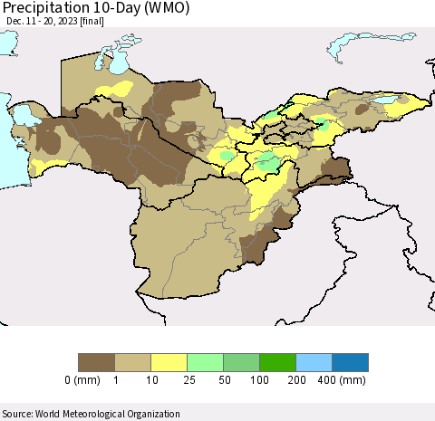 Central Asia Precipitation 10-Day (WMO) Thematic Map For 12/11/2023 - 12/20/2023