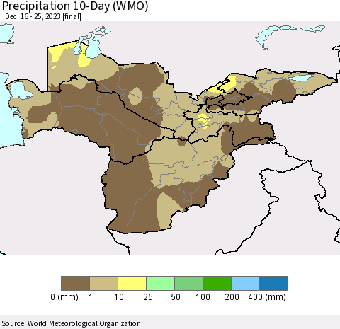 Central Asia Precipitation 10-Day (WMO) Thematic Map For 12/16/2023 - 12/25/2023