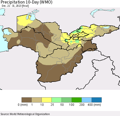 Central Asia Precipitation 10-Day (WMO) Thematic Map For 12/21/2023 - 12/31/2023