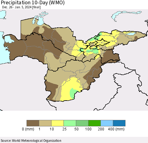 Central Asia Precipitation 10-Day (WMO) Thematic Map For 12/26/2023 - 1/5/2024