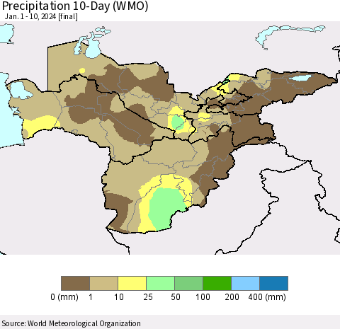Central Asia Precipitation 10-Day (WMO) Thematic Map For 1/1/2024 - 1/10/2024
