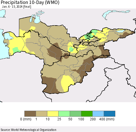 Central Asia Precipitation 10-Day (WMO) Thematic Map For 1/6/2024 - 1/15/2024