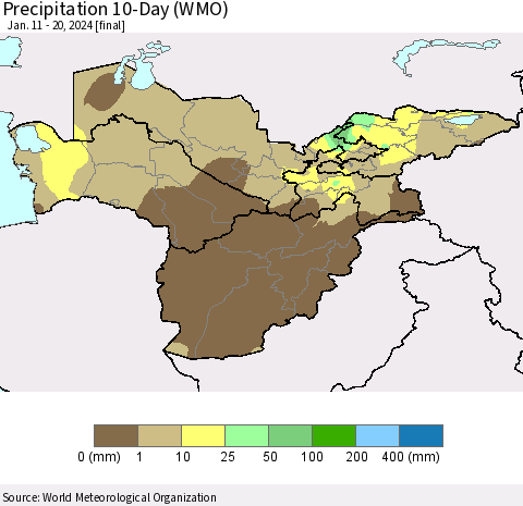 Central Asia Precipitation 10-Day (WMO) Thematic Map For 1/11/2024 - 1/20/2024