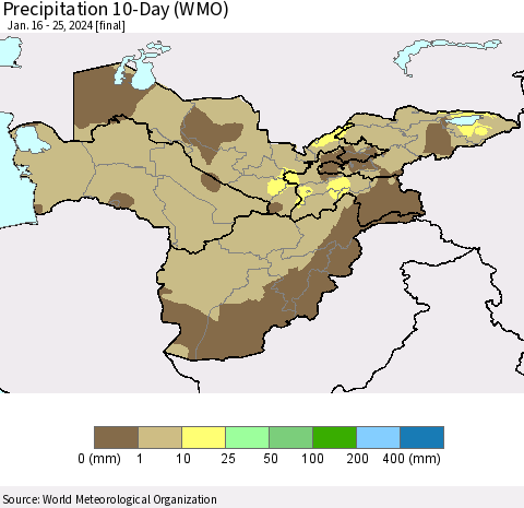 Central Asia Precipitation 10-Day (WMO) Thematic Map For 1/16/2024 - 1/25/2024