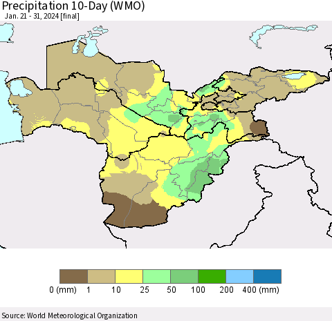 Central Asia Precipitation 10-Day (WMO) Thematic Map For 1/21/2024 - 1/31/2024