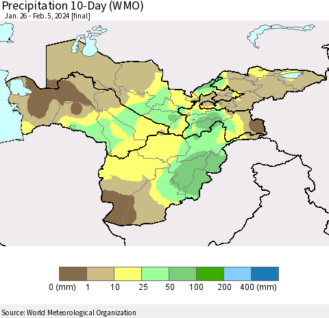 Central Asia Precipitation 10-Day (WMO) Thematic Map For 1/26/2024 - 2/5/2024
