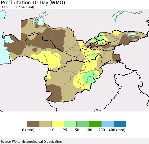 Central Asia Precipitation 10-Day (WMO) Thematic Map For 2/1/2024 - 2/10/2024