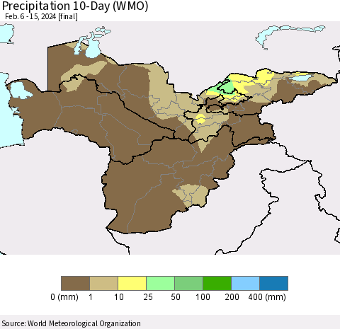 Central Asia Precipitation 10-Day (WMO) Thematic Map For 2/6/2024 - 2/15/2024