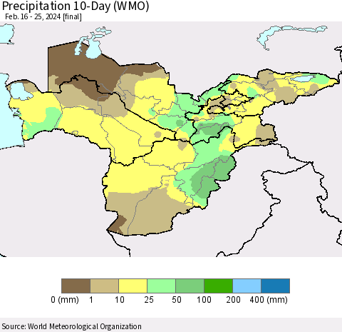 Central Asia Precipitation 10-Day (WMO) Thematic Map For 2/16/2024 - 2/25/2024