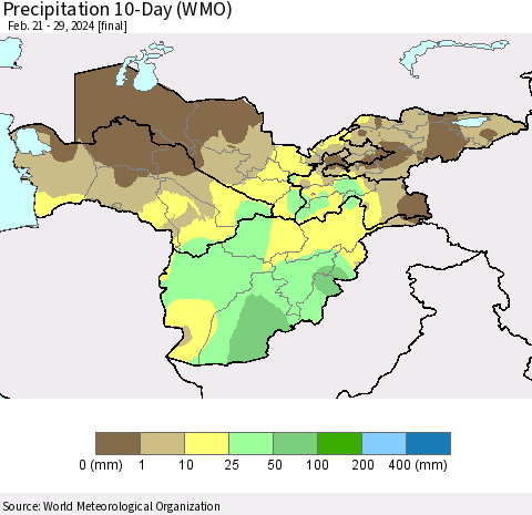 Central Asia Precipitation 10-Day (WMO) Thematic Map For 2/21/2024 - 2/29/2024
