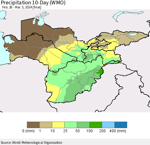 Central Asia Precipitation 10-Day (WMO) Thematic Map For 2/26/2024 - 3/5/2024