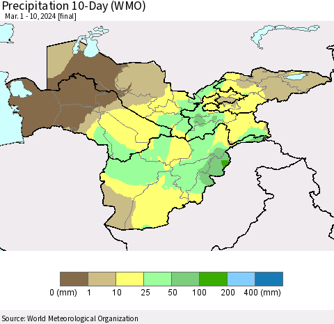 Central Asia Precipitation 10-Day (WMO) Thematic Map For 3/1/2024 - 3/10/2024