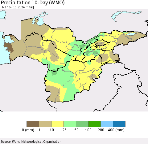 Central Asia Precipitation 10-Day (WMO) Thematic Map For 3/6/2024 - 3/15/2024