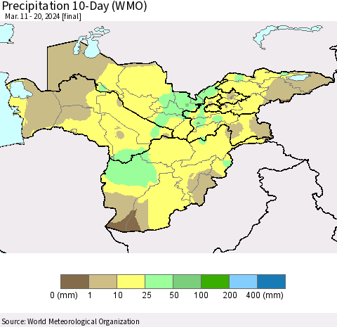 Central Asia Precipitation 10-Day (WMO) Thematic Map For 3/11/2024 - 3/20/2024