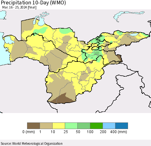 Central Asia Precipitation 10-Day (WMO) Thematic Map For 3/16/2024 - 3/25/2024
