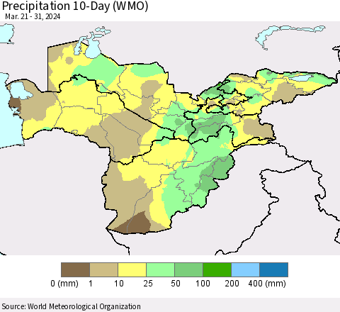 Central Asia Precipitation 10-Day (WMO) Thematic Map For 3/21/2024 - 3/31/2024