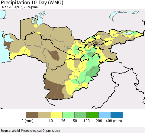 Central Asia Precipitation 10-Day (WMO) Thematic Map For 3/26/2024 - 4/5/2024