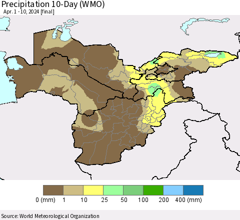 Central Asia Precipitation 10-Day (WMO) Thematic Map For 4/1/2024 - 4/10/2024