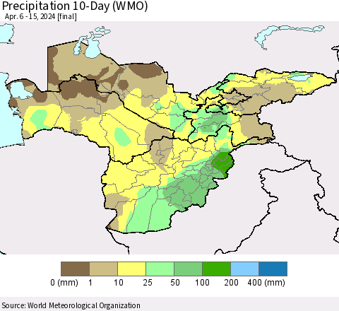 Central Asia Precipitation 10-Day (WMO) Thematic Map For 4/6/2024 - 4/15/2024
