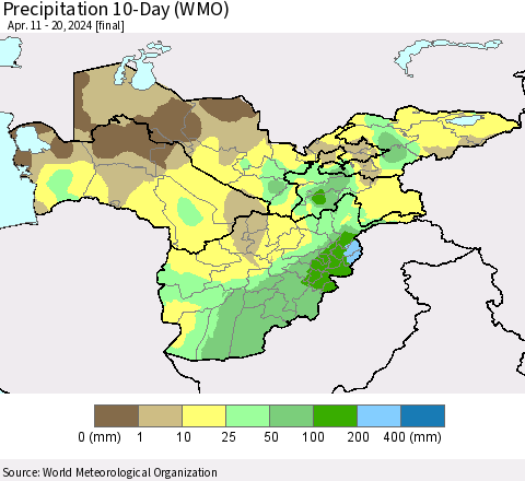 Central Asia Precipitation 10-Day (WMO) Thematic Map For 4/11/2024 - 4/20/2024