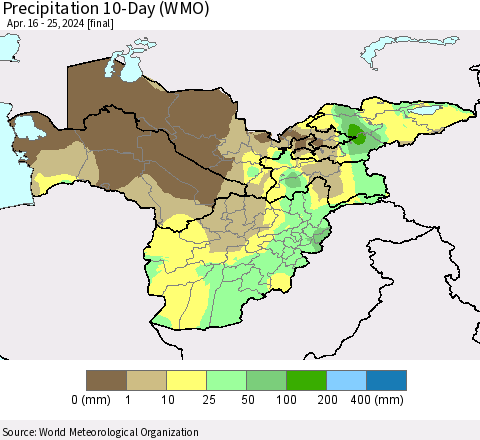 Central Asia Precipitation 10-Day (WMO) Thematic Map For 4/16/2024 - 4/25/2024