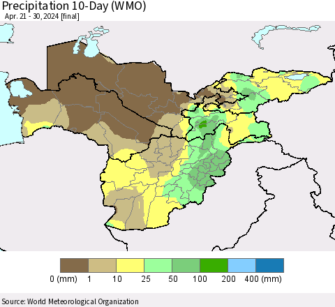 Central Asia Precipitation 10-Day (WMO) Thematic Map For 4/21/2024 - 4/30/2024