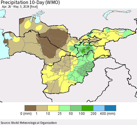 Central Asia Precipitation 10-Day (WMO) Thematic Map For 4/26/2024 - 5/5/2024