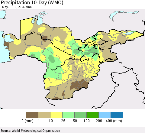 Central Asia Precipitation 10-Day (WMO) Thematic Map For 5/1/2024 - 5/10/2024