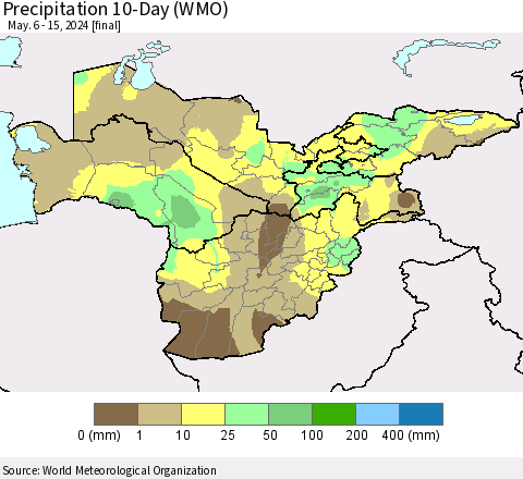 Central Asia Precipitation 10-Day (WMO) Thematic Map For 5/6/2024 - 5/15/2024