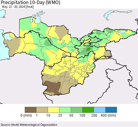 Central Asia Precipitation 10-Day (WMO) Thematic Map For 5/11/2024 - 5/20/2024