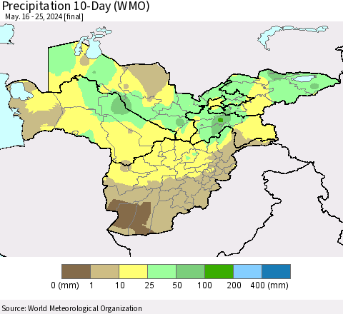 Central Asia Precipitation 10-Day (WMO) Thematic Map For 5/16/2024 - 5/25/2024