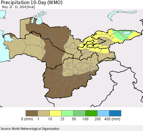 Central Asia Precipitation 10-Day (WMO) Thematic Map For 5/21/2024 - 5/31/2024