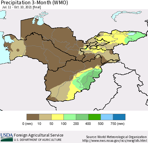 Central Asia Precipitation 3-Month (WMO) Thematic Map For 7/11/2021 - 10/10/2021