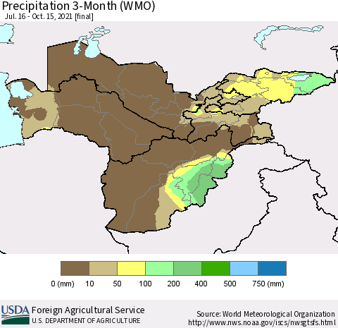 Central Asia Precipitation 3-Month (WMO) Thematic Map For 7/16/2021 - 10/15/2021