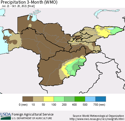 Central Asia Precipitation 3-Month (WMO) Thematic Map For 7/21/2021 - 10/20/2021