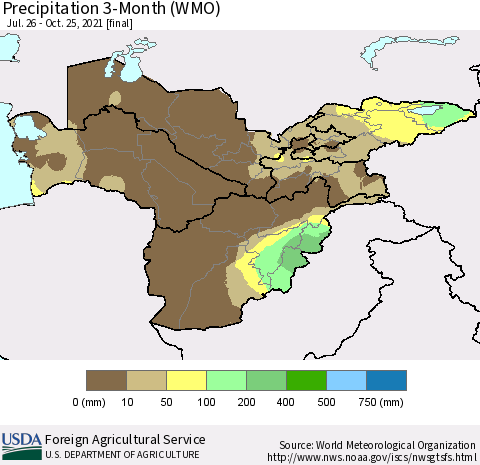Central Asia Precipitation 3-Month (WMO) Thematic Map For 7/26/2021 - 10/25/2021