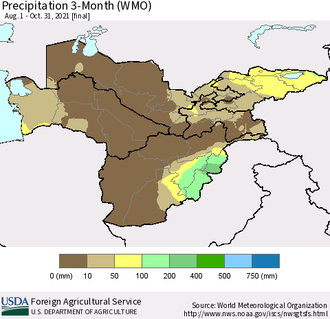 Central Asia Precipitation 3-Month (WMO) Thematic Map For 8/1/2021 - 10/31/2021