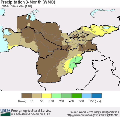 Central Asia Precipitation 3-Month (WMO) Thematic Map For 8/6/2021 - 11/5/2021