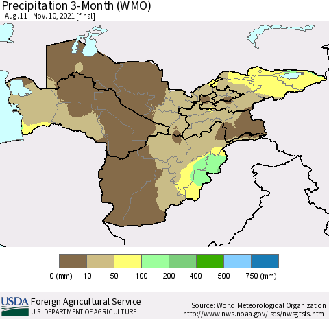 Central Asia Precipitation 3-Month (WMO) Thematic Map For 8/11/2021 - 11/10/2021