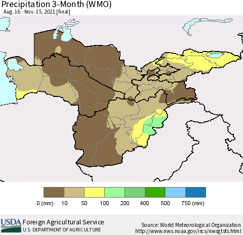 Central Asia Precipitation 3-Month (WMO) Thematic Map For 8/16/2021 - 11/15/2021