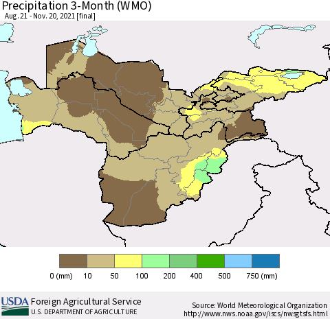Central Asia Precipitation 3-Month (WMO) Thematic Map For 8/21/2021 - 11/20/2021