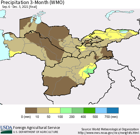 Central Asia Precipitation 3-Month (WMO) Thematic Map For 9/6/2021 - 12/5/2021