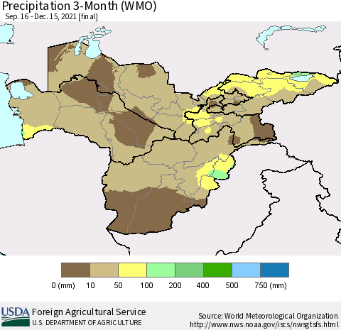 Central Asia Precipitation 3-Month (WMO) Thematic Map For 9/16/2021 - 12/15/2021