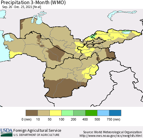 Central Asia Precipitation 3-Month (WMO) Thematic Map For 9/26/2021 - 12/25/2021