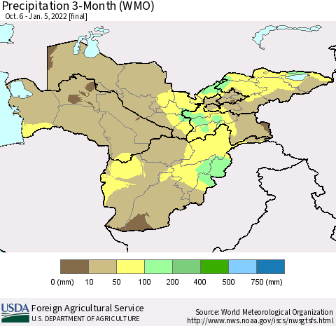 Central Asia Precipitation 3-Month (WMO) Thematic Map For 10/6/2021 - 1/5/2022