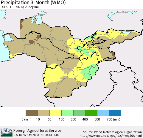 Central Asia Precipitation 3-Month (WMO) Thematic Map For 10/11/2021 - 1/10/2022