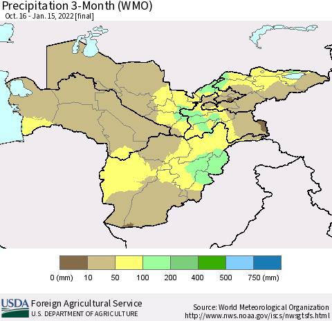 Central Asia Precipitation 3-Month (WMO) Thematic Map For 10/16/2021 - 1/15/2022