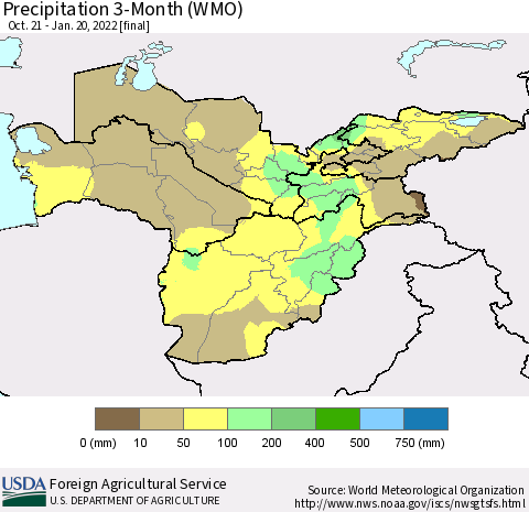 Central Asia Precipitation 3-Month (WMO) Thematic Map For 10/21/2021 - 1/20/2022